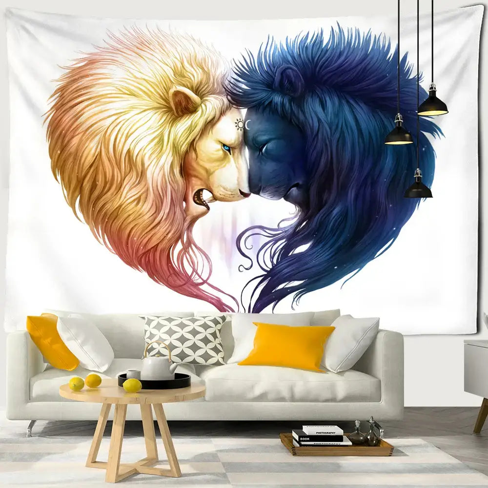 A vibrant tapestry wall decor featuring two lions in a heart embrace with angel devil hell witchcraft theme