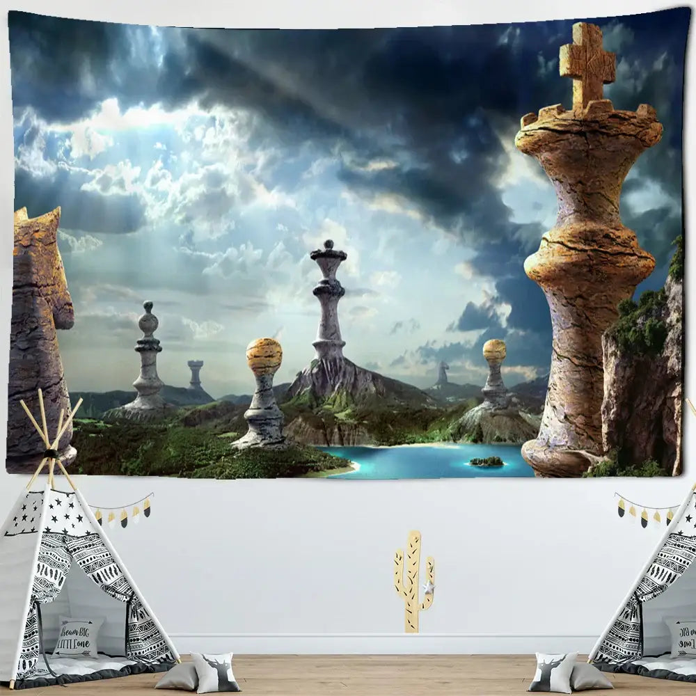 A large rectangular tapestry by decorbites featuring a devil hell witchcraft fantasy landscape with stone chess pieces under stormy skies