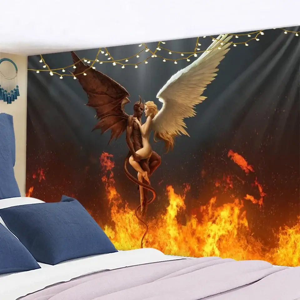 Decorbites™ tapestry featuring a winged angel devil hell design on dark fabric for witchcraft halloween decor