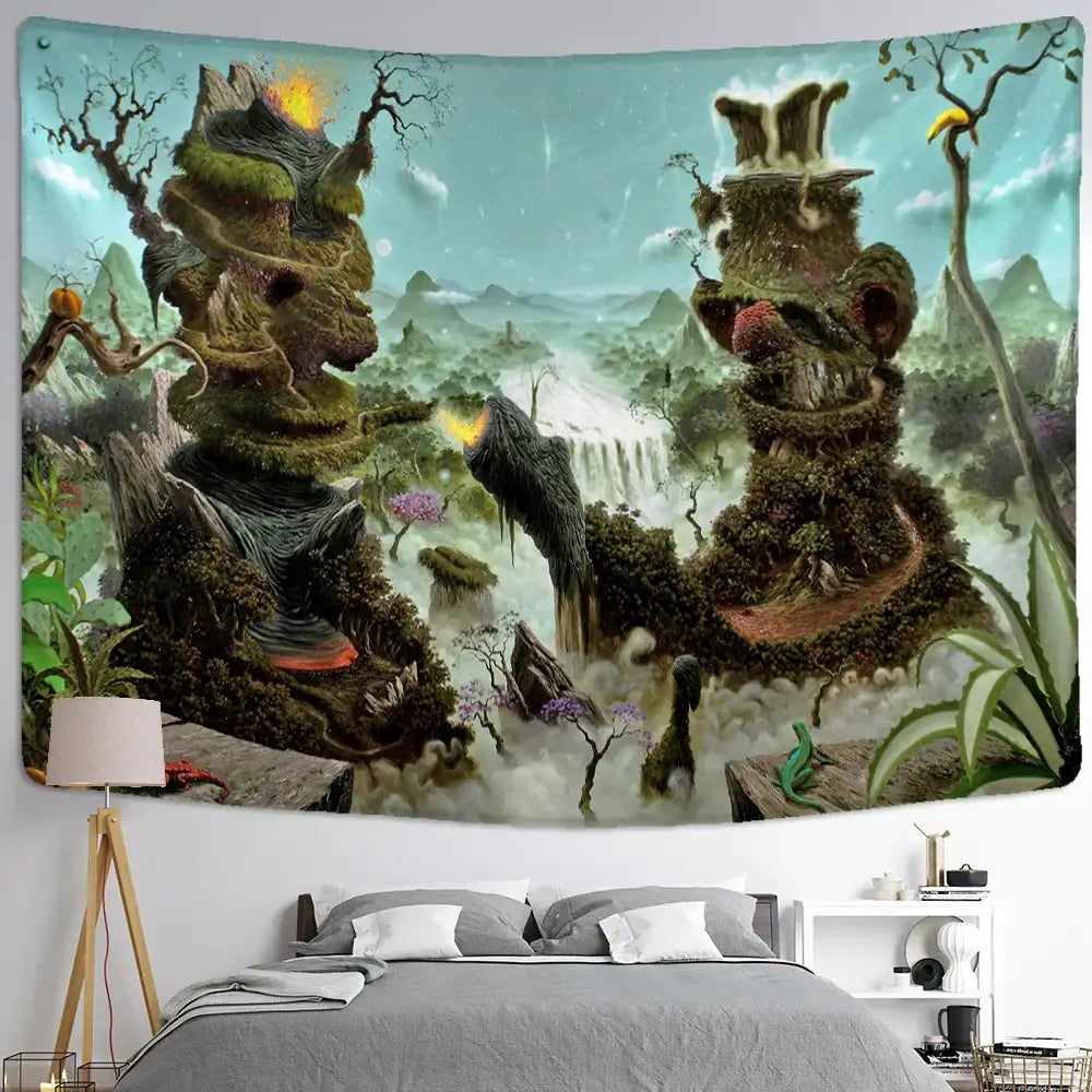 Decorbites™ angel devil hell witchcraft tapestry with moss-covered stone towers and lush greenery for psychedelic decor
