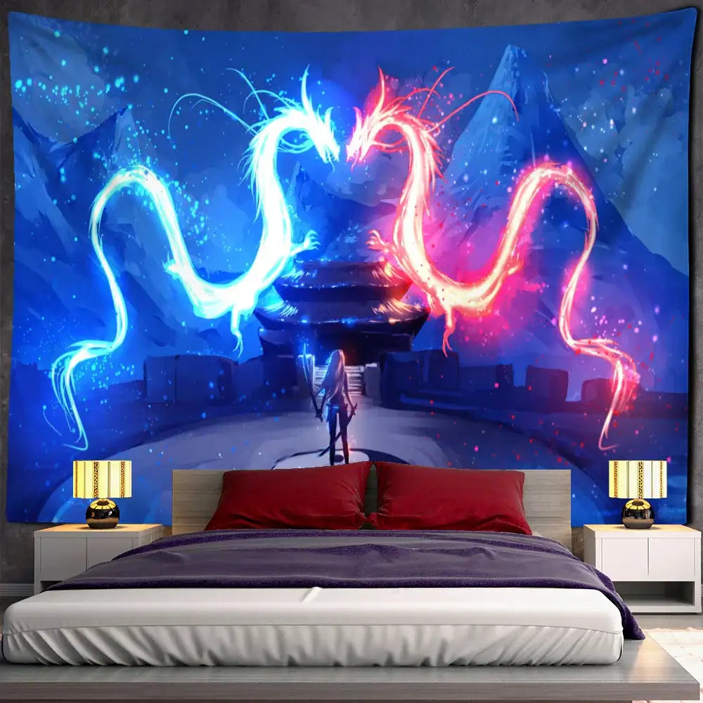 Decorbites™ angel devil hell witchcraft tapestry features vibrant blue and red glowing dragons above bed
