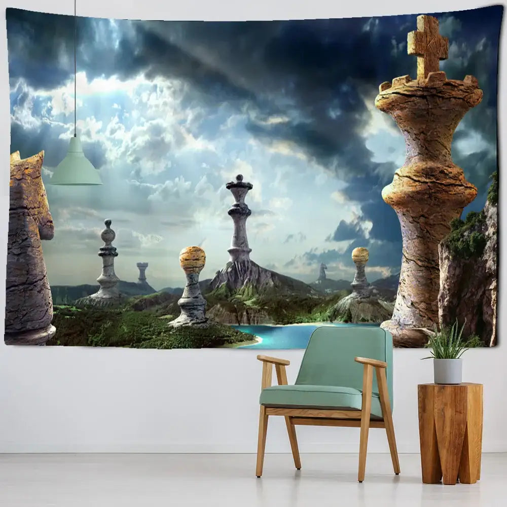 A decorbites™ tapestry featuring giant weathered chess pieces under stormy skies with angel devil hell witchcraft theme
