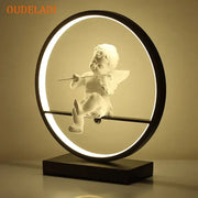 Decorbites™ white angel doll bird table lamp with delicate wings and flute inside circular led light frame