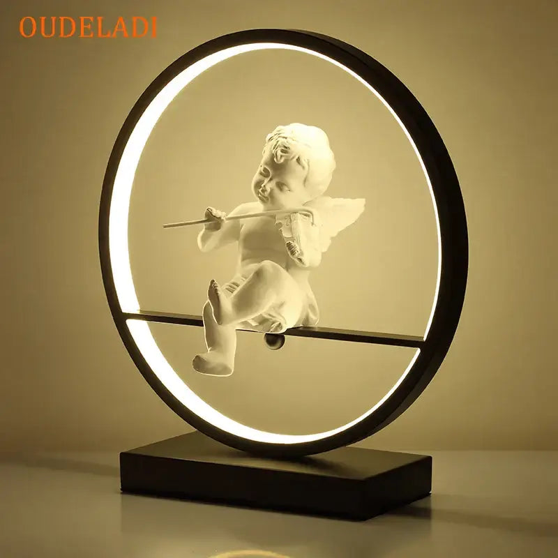 Decorbites™ white angel doll bird table lamp with delicate wings and flute inside circular led light frame