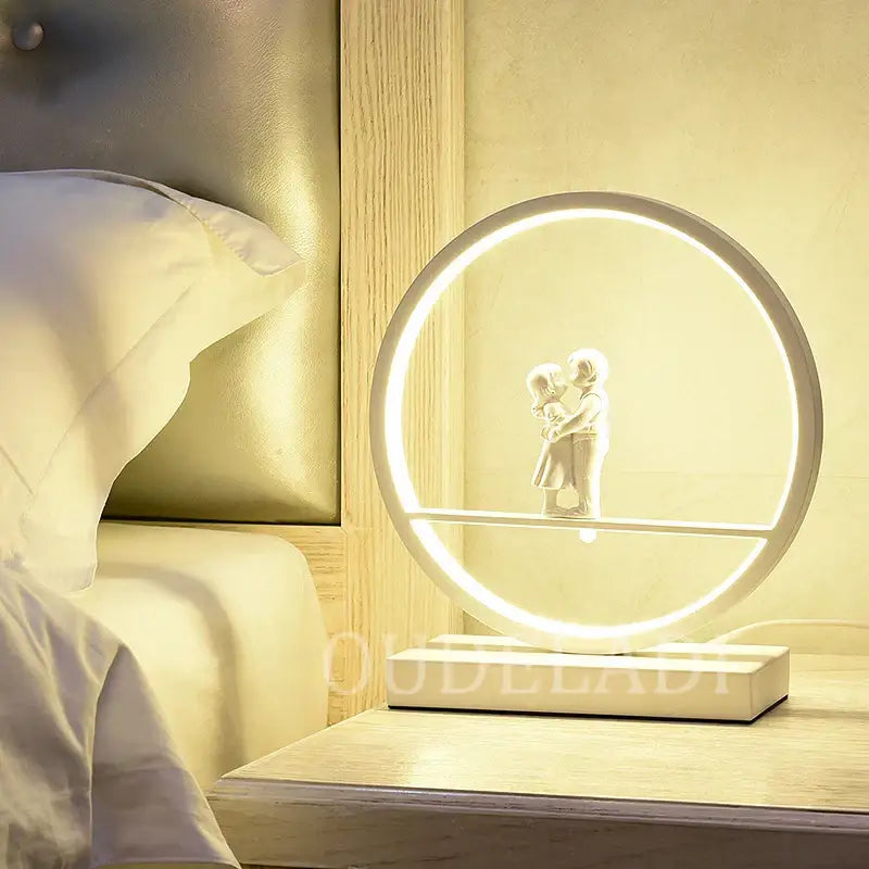 Decorbites™ angel doll bird table lamp with a glowing led ring and white resin figurine of embracing children