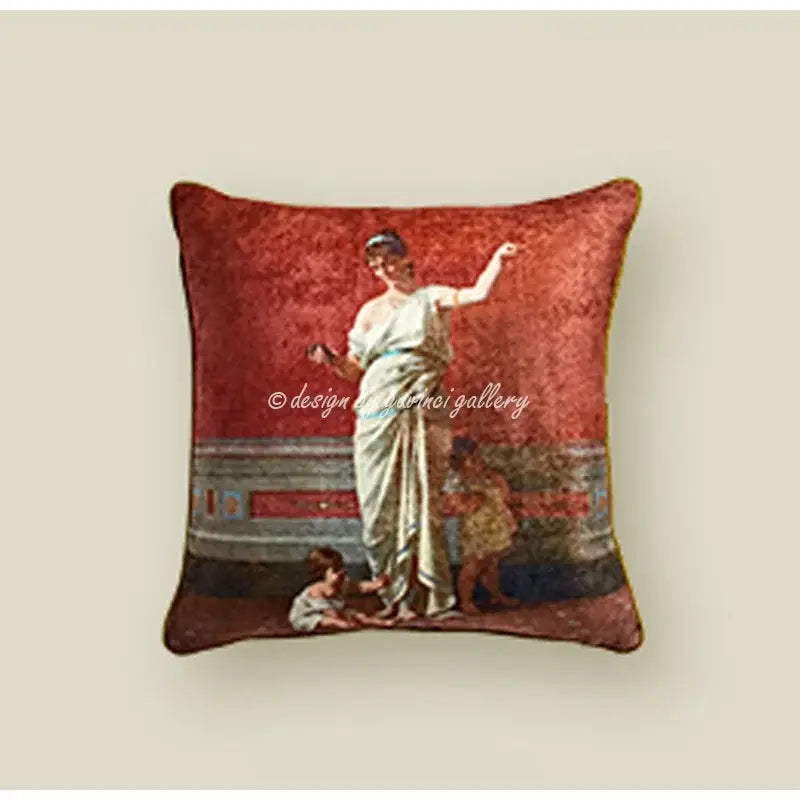 Red velvet pillow cover featuring a classical tapestry design with draped figure for angel eyes lumbar decorbites luxury home decor