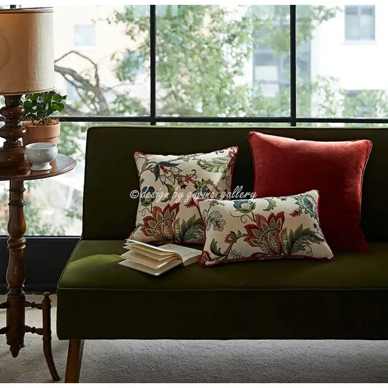 Olive green velvet sofa with decorbites angel eyes lumbar pillow cover featuring vibrant floral and rust colors