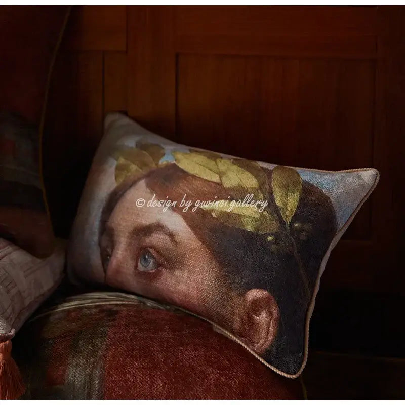 Rectangular pillow cover featuring angel eyes lumbar design with blue eyes and golden leaves on soft fabric for decor