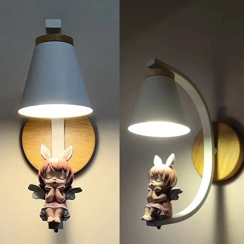 Decorbites™ angel girl bedroom wall sconces featuring a pink-haired fairy figurine with bunny ears and wings
