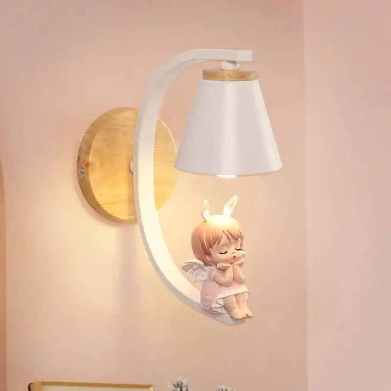 DecorBites white and wood-accented wall sconces with pink angel girl figurine for girl bedroom wall lighting