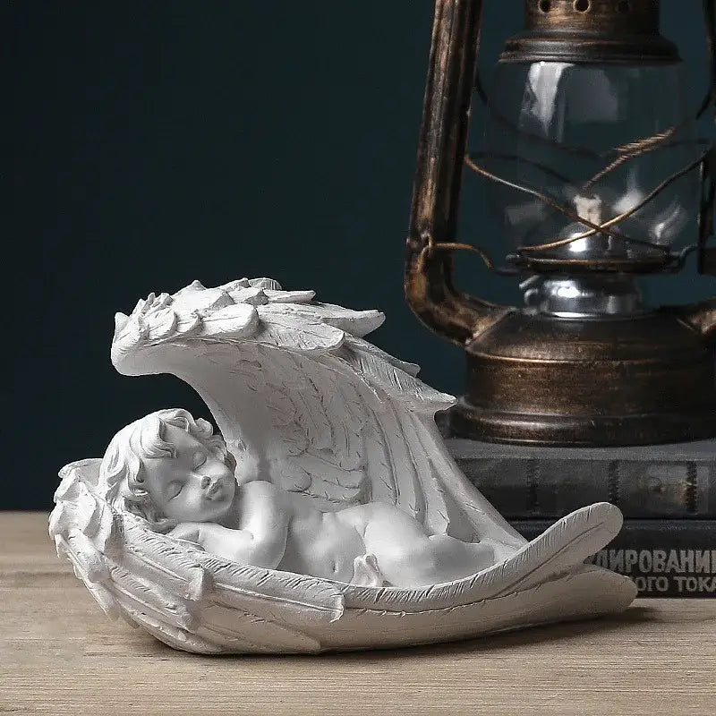 Decorbites™ angel girl resin figurine in white resin with detailed wings and serene sleeping expression for home decor