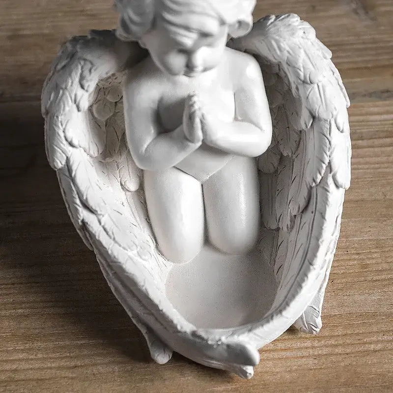 White angel girl resin figurine with detailed wings and praying hands crafted from smooth resin for modern decor