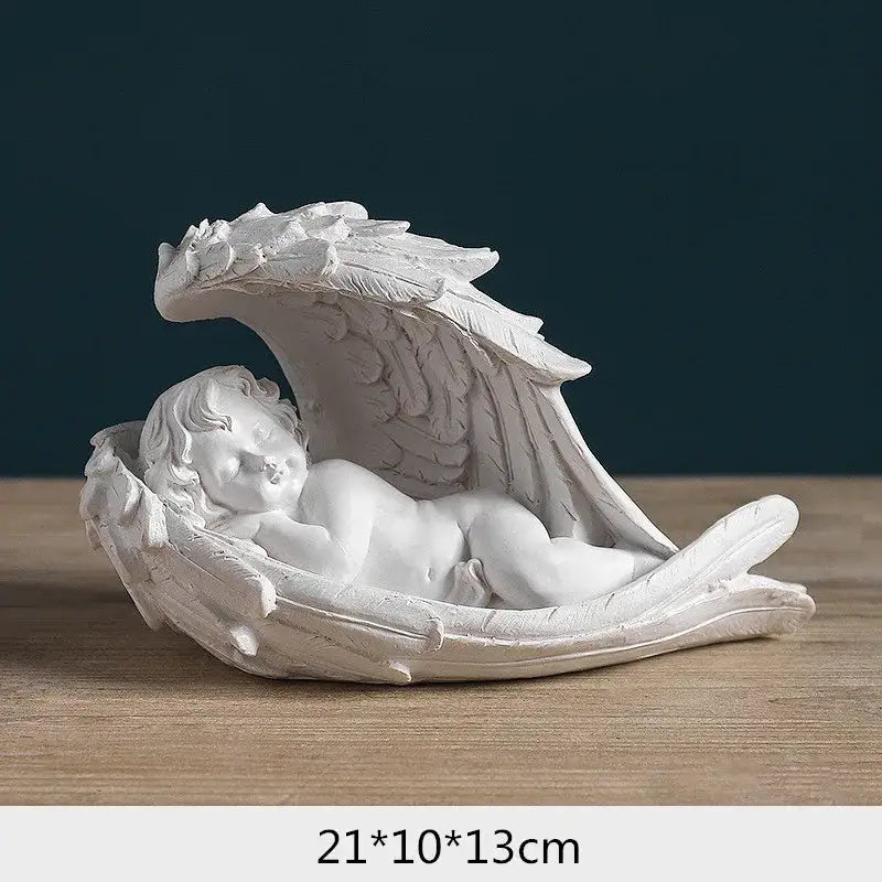 White angel girl resin figurine with detailed wings and sleeping cherub crafted from resin for home decor and gifts