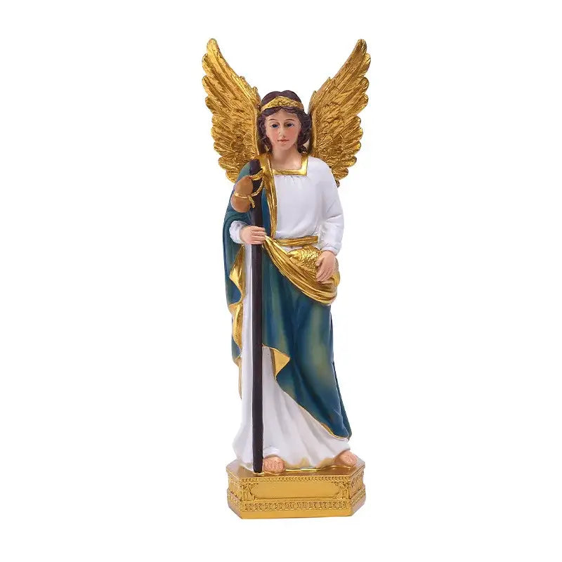 Golden-winged angel god statue figurine in white and teal robes standing on an ornate gold base for home decor