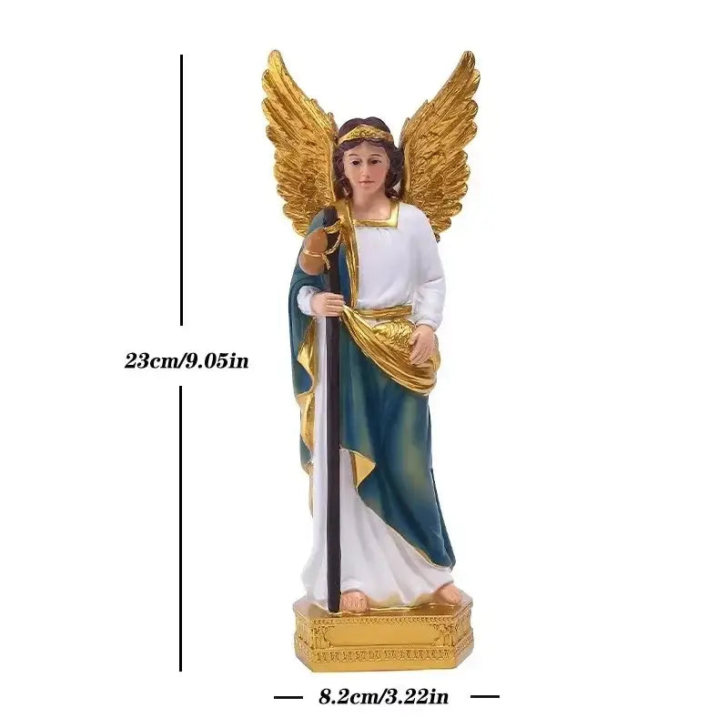 Golden-winged angel god statue figurine in white and teal robes standing on a gold base for home decor and holidays