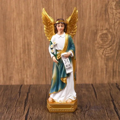 Decorbites angel god statue figurine with golden wings teal and white robe holding ave maria scroll on gold base