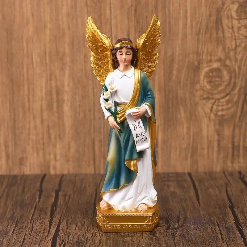 Decorbites angel god statue figurine with golden wings teal and white robe holding ave maria scroll on gold base