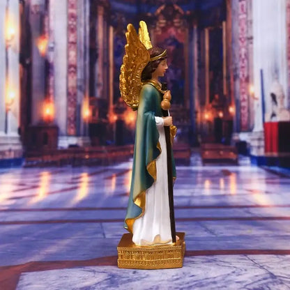 DecorBites™ angel god statue figurine in green and white robe with gold trim on an ornate golden base for home decor