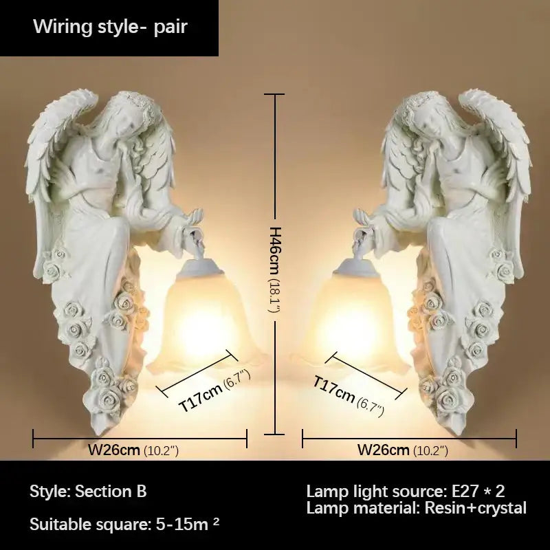 DecorBites™ white resin angel indoor wall light with crystal accents and bell-shaped lampshades LED sconce