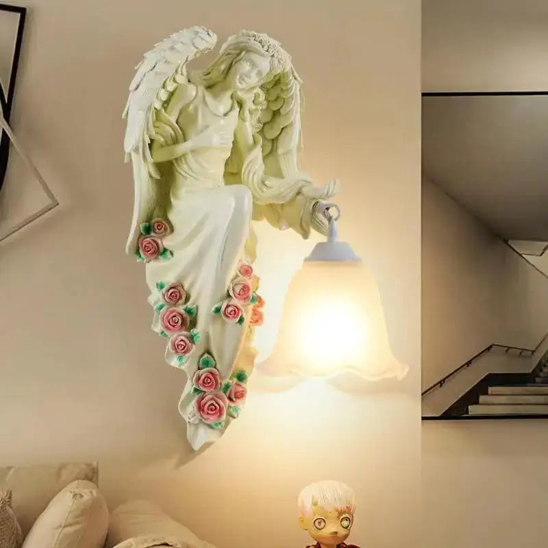 DecorBites angel indoor wall light led gold resin sconce with white sculpted wings and soft glowing bell shade