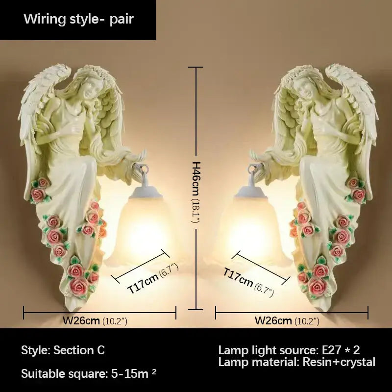 Pair of cream resin angel indoor wall lights with pink rose accents and crystal lampshades wall light led for decor