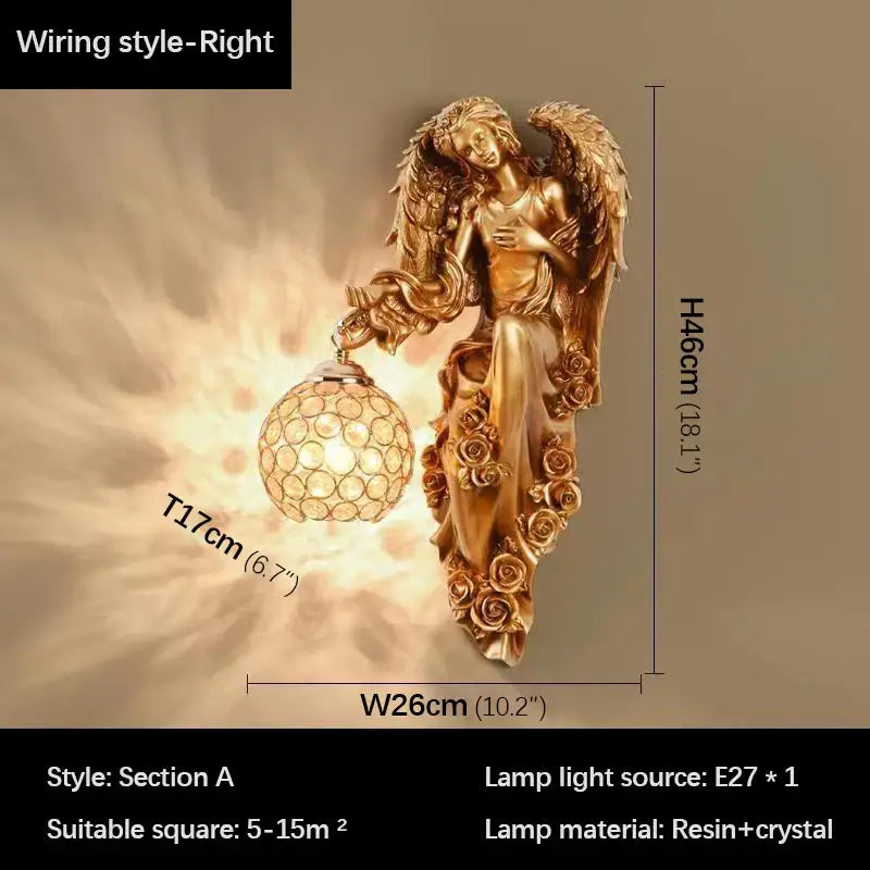 Golden decorbites™ angel indoor wall light led with intricate rose detailing and crystal globe resin sconce for home decor