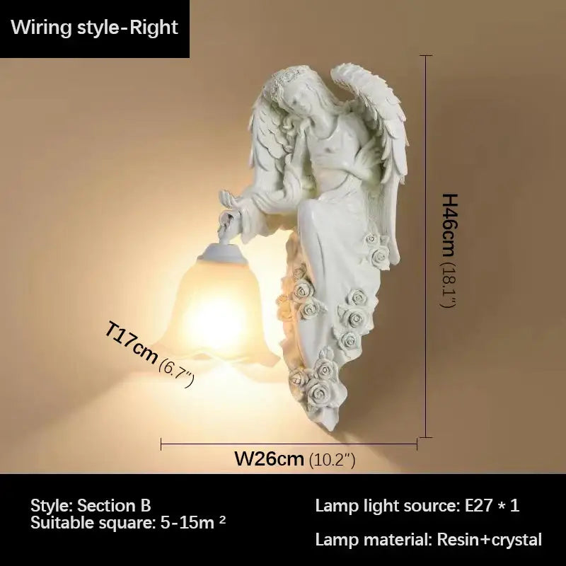Decorbites angel indoor wall light led gold resin sconce with white angel, detailed wings, roses, and glowing bell shade