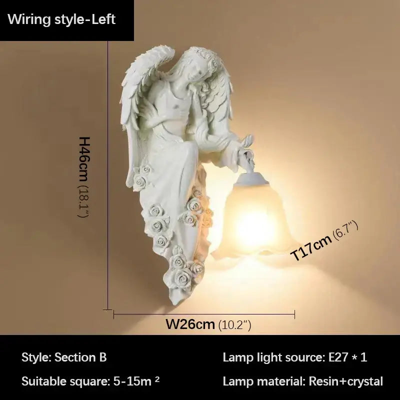 White resin angel indoor wall light led sconce with crystal accents and bell-shaped lampshade by DecorBites