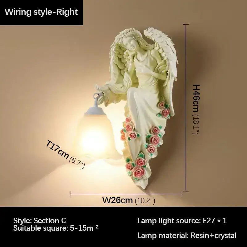 DecorBites angel indoor wall light led white resin sconce with pink green floral accents and crystal lampshade