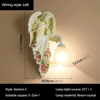DecorBites angel indoor wall light led with white resin angel, pink green floral accents, and crystal lampshade