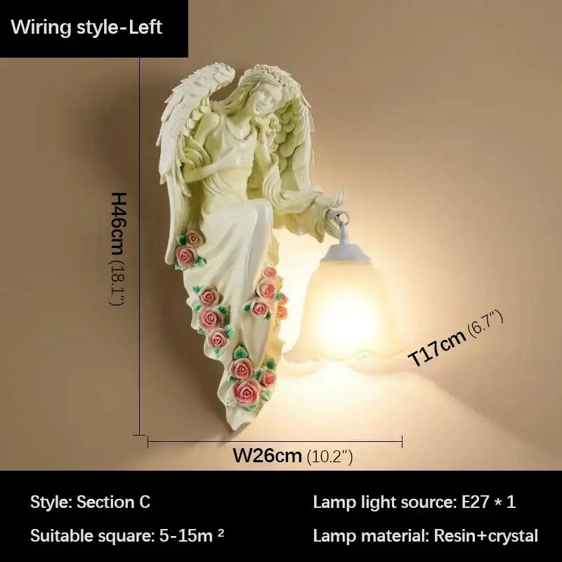 DecorBites angel indoor wall light led with white resin angel, pink green floral accents, and crystal lampshade