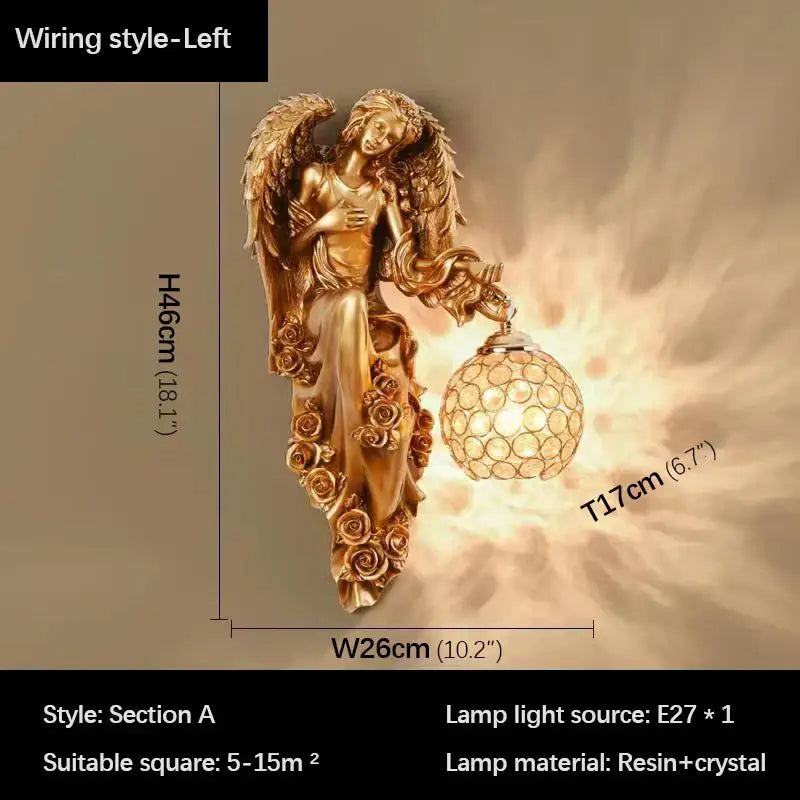 DecorBites angel indoor wall light led gold resin sconce with intricate rose detailing and crystal-encrusted globe