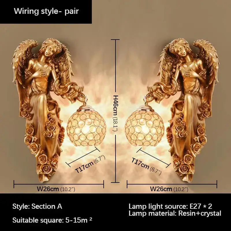 Golden angel indoor wall light led resin sconce with intricate wing and rose details and crystal globe shades by decorbites