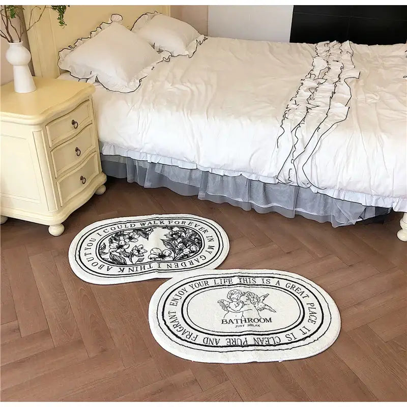White oval bath mats with black embroidered floral and text designs decorbites angel print shaggy bath rug 40x60cm
