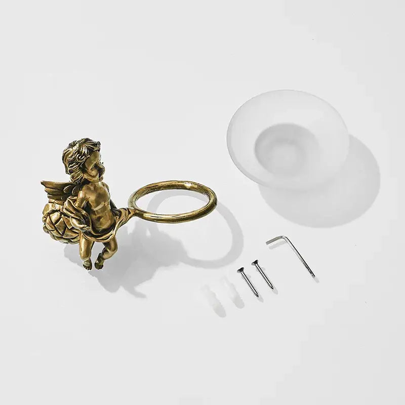 Golden angel style gold soap dish holder crafted from metal with wings and ring handle for bathroom wall mounted use