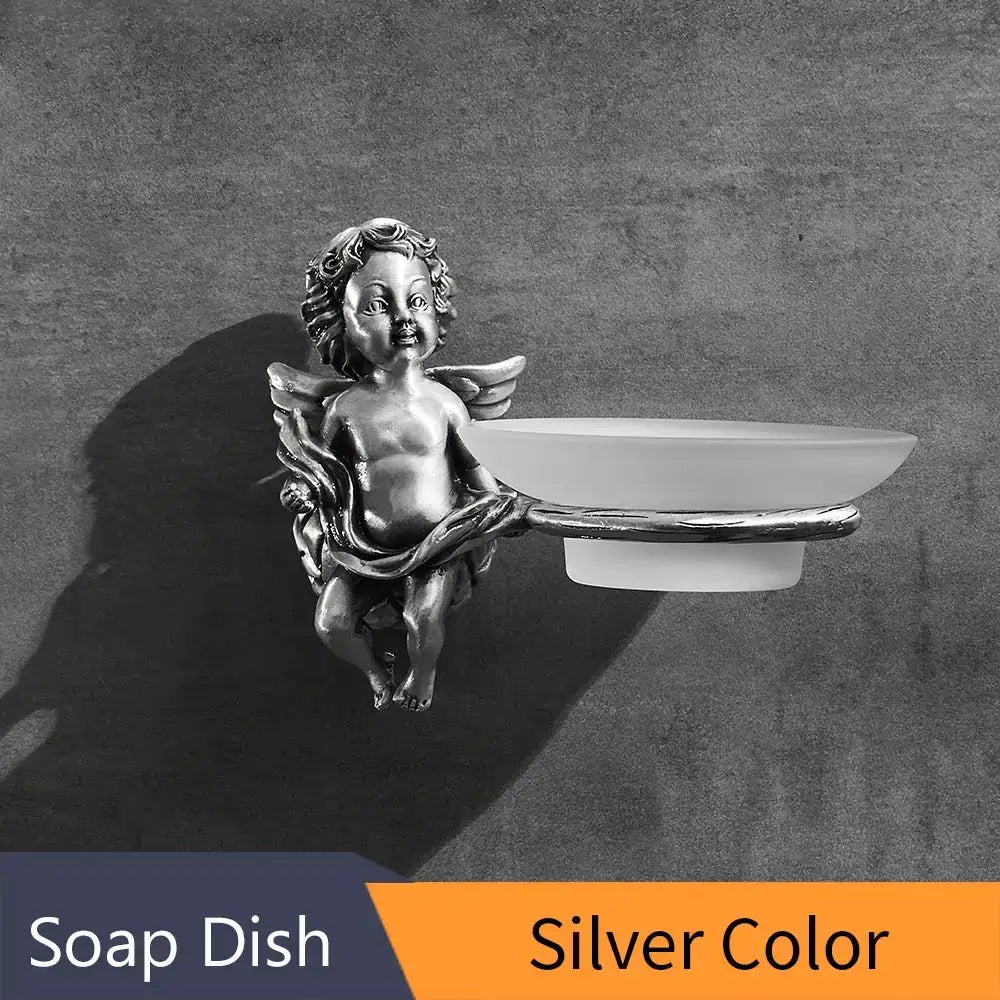 Silver angel style gold soap dish with frosted white ceramic tray for bathroom wall mounted use by DecorBites