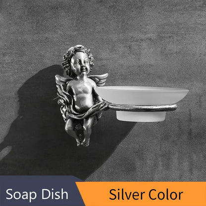 Silver angel style gold soap dish with frosted white ceramic tray for bathroom wall mounted use by DecorBites