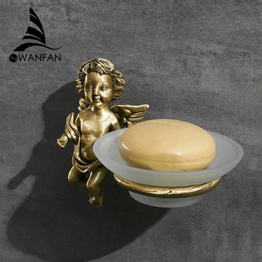 DecorBites angel style gold soap dish holder features a golden angel figurine with frosted white acrylic tray for bathroom wall mounting