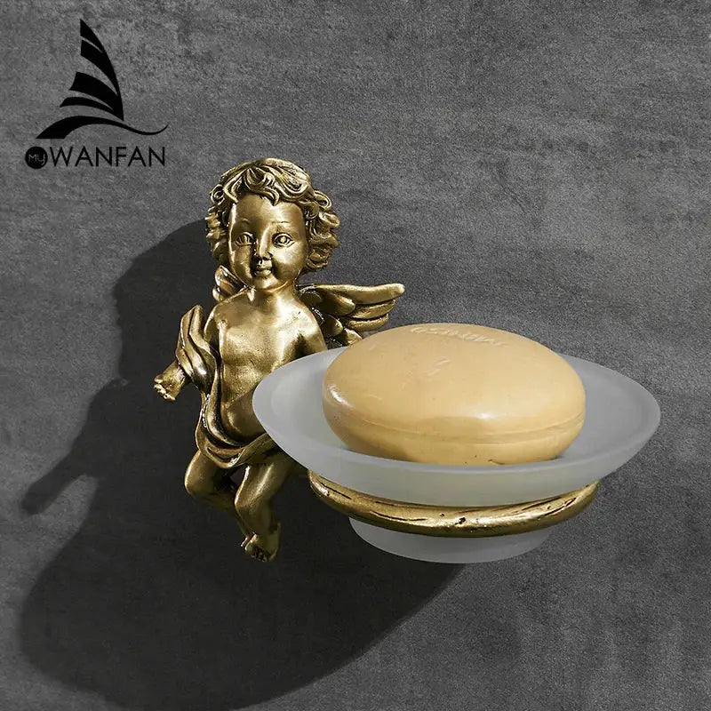 DecorBites angel style gold soap dish holder features a golden angel figurine with frosted white acrylic tray for bathroom wall mounting