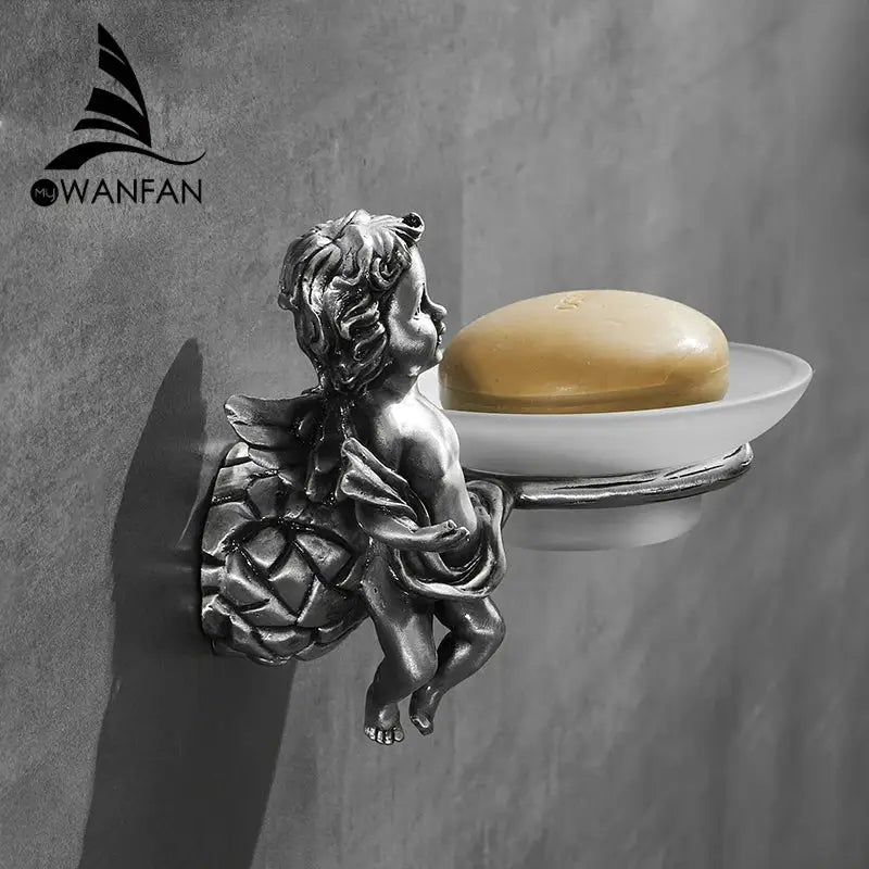 Decorbites™ angel style gold wall-mounted soap dish features a silver frame with a white ceramic tray holding beige soap