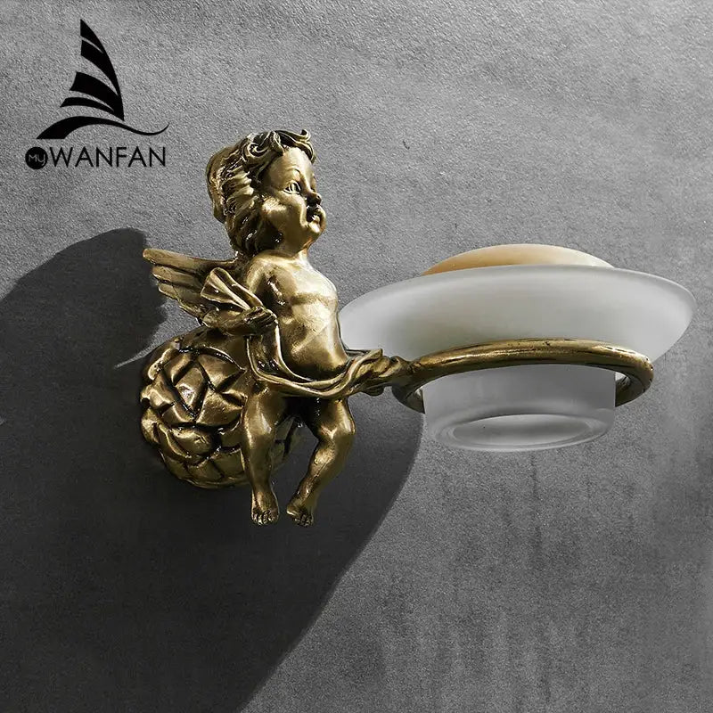 Bronze angel style gold soap dish with frosted glass bowl wall mounted for bathroom decor by DecorBites