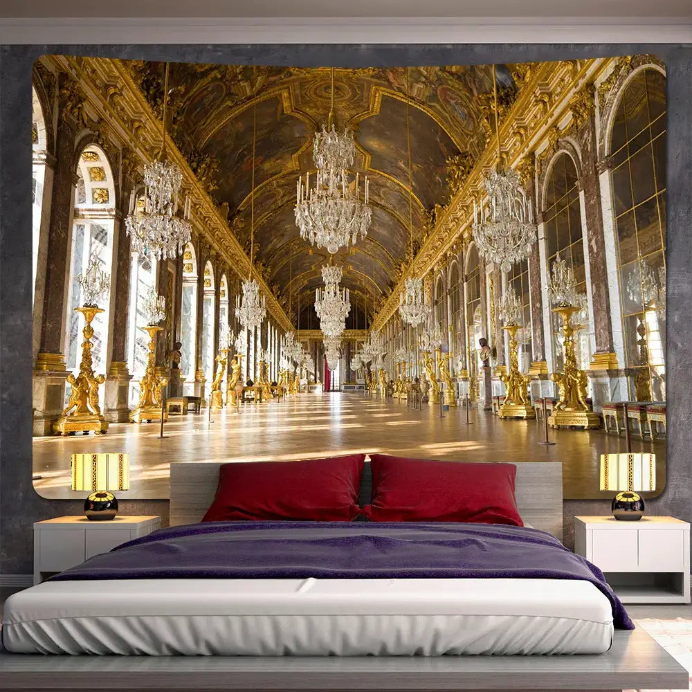 Golden chandeliers hang from an ornate gilded ceiling in a grand palace hallway featuring boho wall decor and angel tapestry