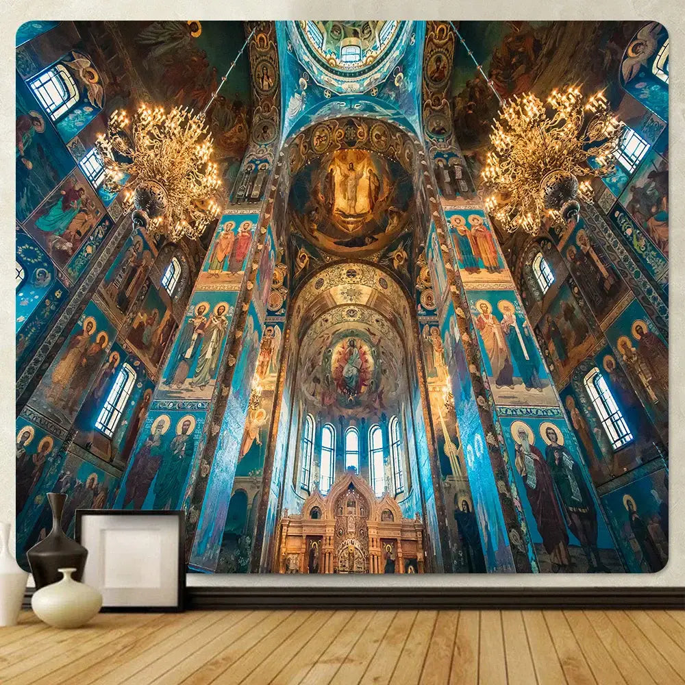 Decorbites™ angel tapestry featuring ornate blue and gold church-inspired boho wall decor with religious iconography
