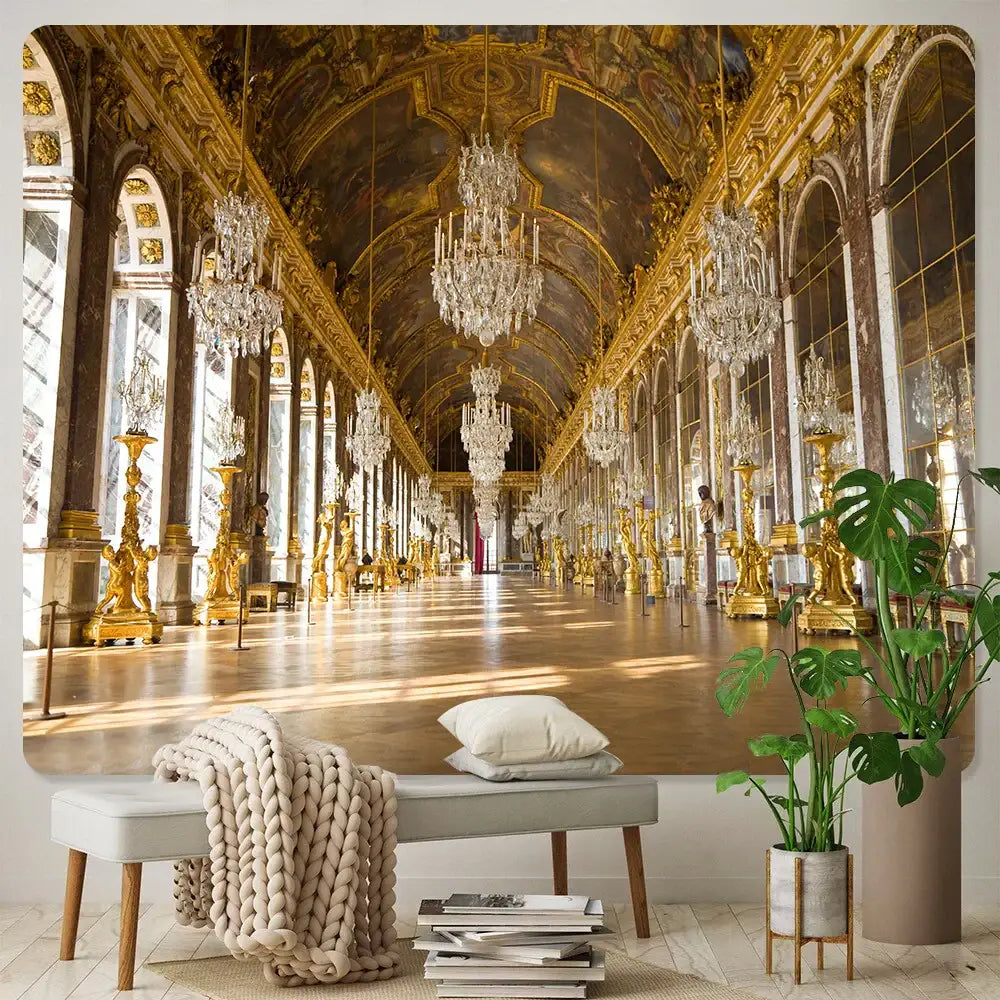 Luxury gold and crystal chandeliers hang from a gilded ceiling in a grand hall featuring decorbites angel tapestry boho wall decor