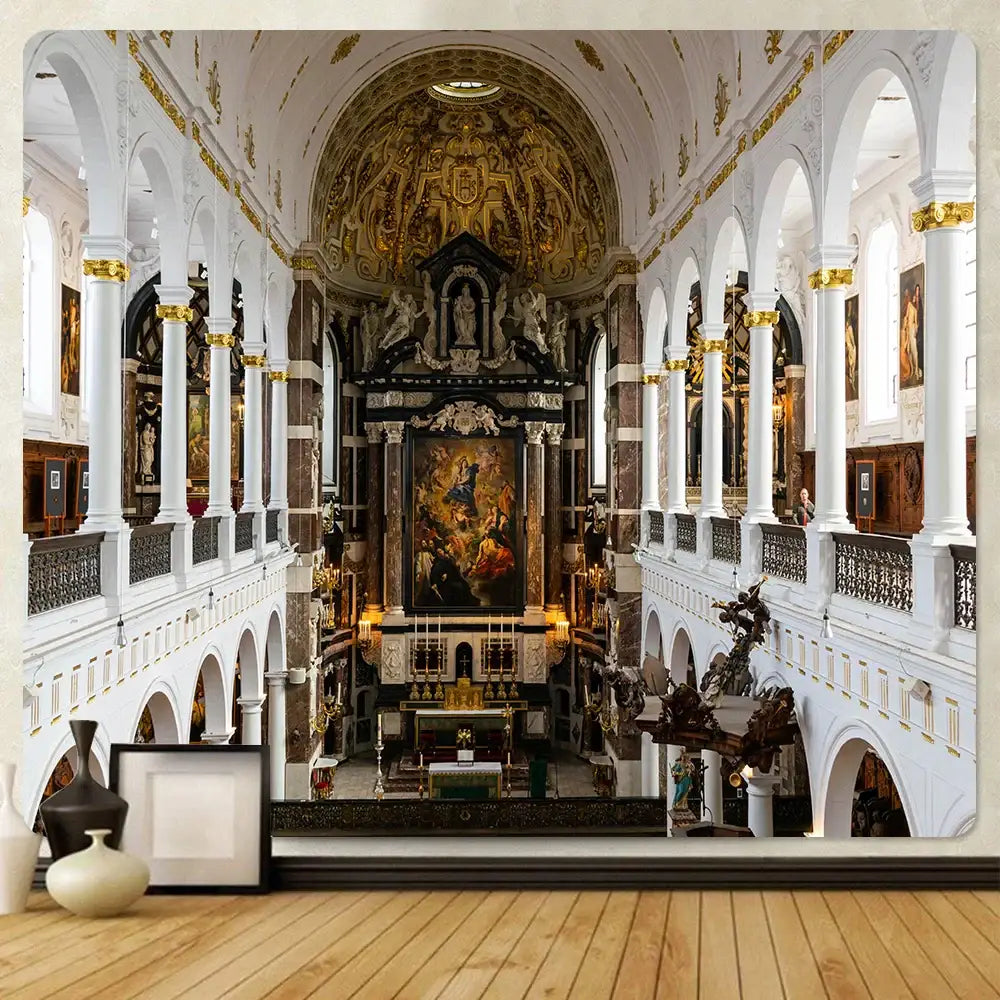 White and gold ornate cathedral interior wall mural on decorbites™ angel tapestry boho wall decor for home use