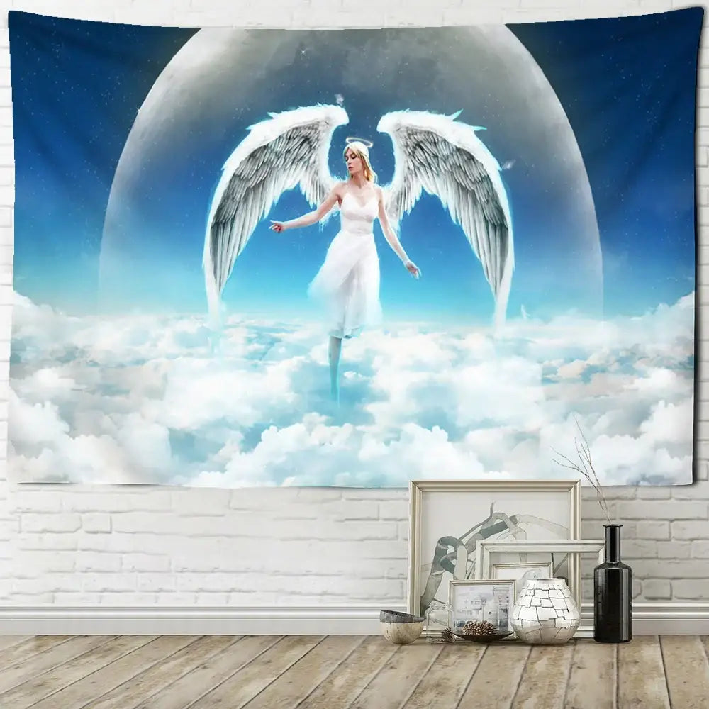 White angel tapestry wall hanging with detailed feathered wings and moon backdrop by DecorBites™ bohemian art decor