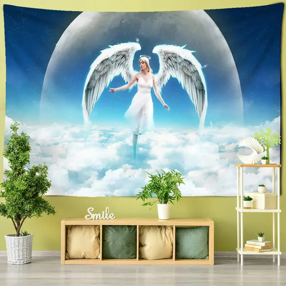 Decorbites™ angel tapestry wall hanging features a white angel with detailed wings against a blue sky celestial background