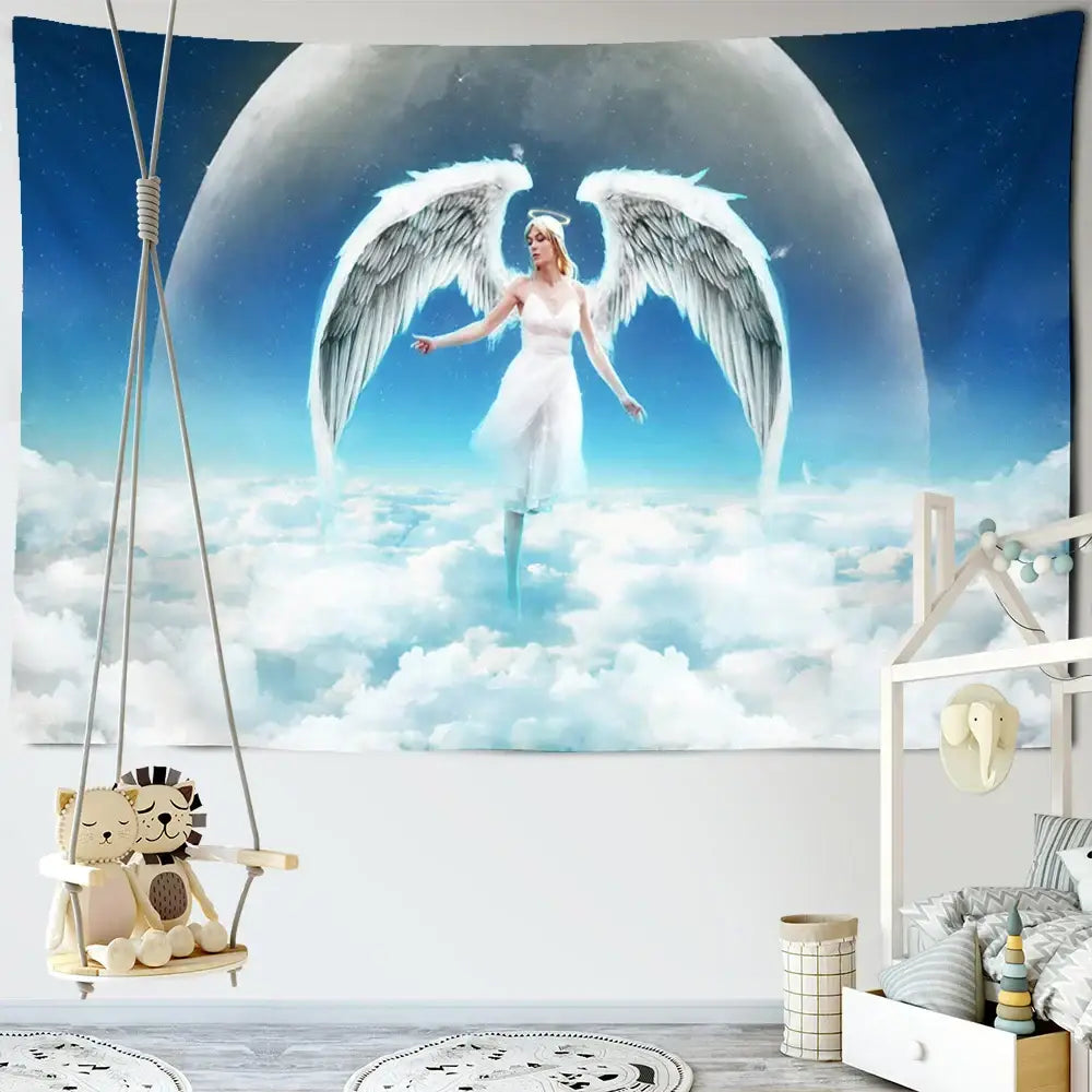 Decorbites™ angel tapestry wall hanging featuring a serene angel with white wings over clouds and a blue moon backdrop