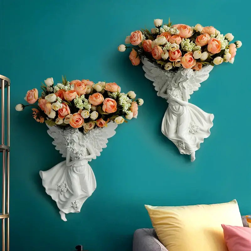 DecorBites™ white resin angel vase wall decoration holding peach and cream roses for living room mural art