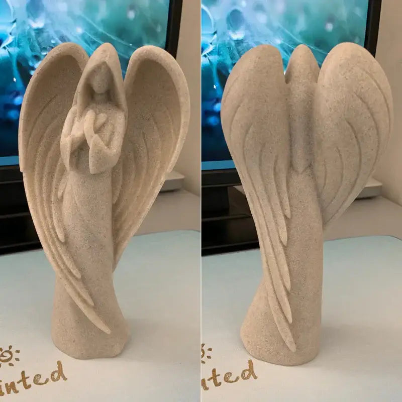 Beige stone resin statue of angel wing girl with detailed wings and clasped hands for home decor by DecorBites